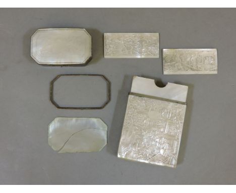 A 19th century Chinese mother of pearl card case, with all over carved decoration, incomplete, 9cm high, and a mother of pear