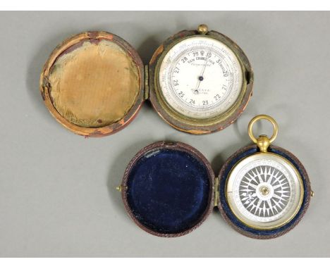 A pocket barometer, inscribed 'W Ecker, Lucerne' and a pocket compass, both in leather cases