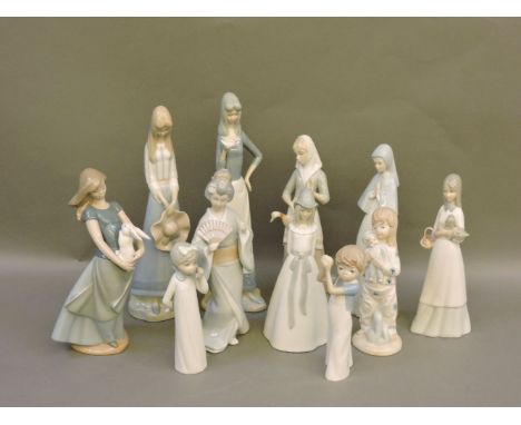 Six modern Spanish Requena porcelain figures, tallest 34cm, a Nao figure, and four further figures