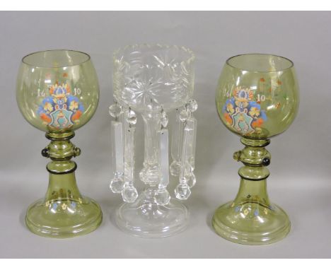 A pair of large 19th century style green glass romers, with enamel decoration, 34cm high, and a clear glass table lustre, 35c