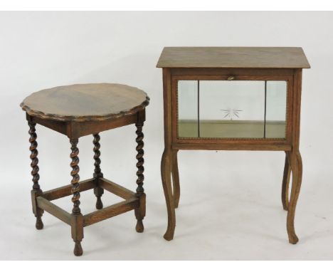 A George V oak hall seat/umbrella stand, an oak lamp table, and a fall front display case