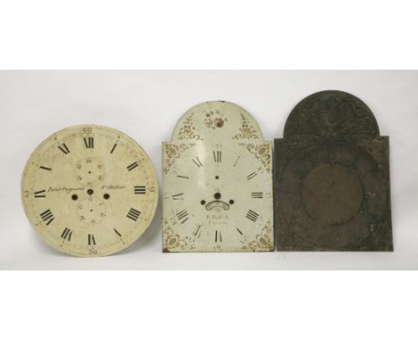 Three longcase clock dials, two painted, one brass