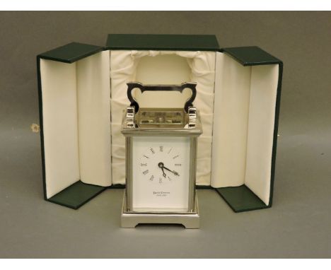 A silver plated David Paterson mechanical carriage clock, with fitted case and paperwork