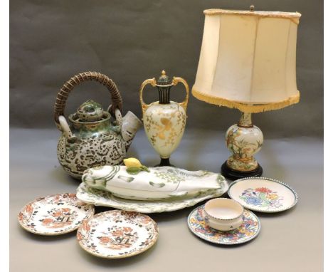 A large Japanese pottery teapot, a Satsuma vase table lamp, a fish tureen, a Victorian vase, and three Poole pottery items