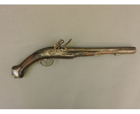 A Continental flintlock pistol, 29cm barrel length, stamp marks to top of barrel, silvered boss, lacking ramrod