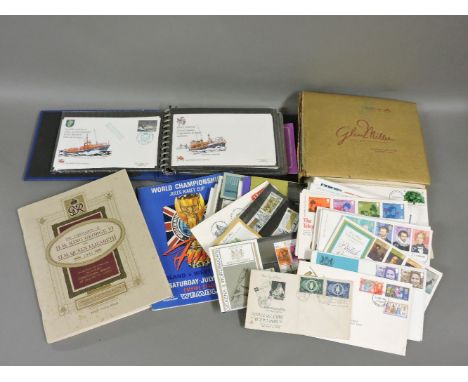 First day covers, cigarette cards, Glen Miller limited edition 45rpm records, and a 1966 World Cup programme, possibly a repr