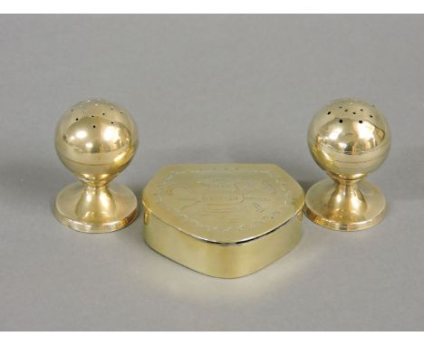 A 19th century brass snuff box, the hinged cover engraved with a jug and tools 'May Farming Flurish [sic]', 6cm, and a pair o