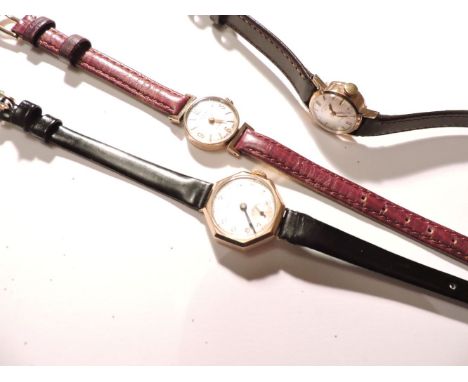 A ladies 9ct gold Marvin octagonal mechanical strap watch, a ladies 9ct gold Rotary mechanical strap watch, and a ladies 9ct 
