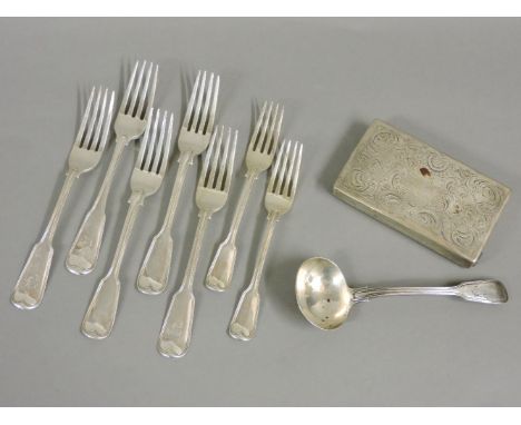 Two pairs of silver fiddle and thread pattern dinner forks, London 1800 and 1862, three further forks, a ladle, 20oz and a re