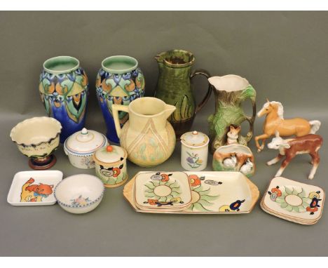 Assorted Art Deco and other decorative items, to include a pair of Crown Devon Cretian vases, Poole pottery, Beswick horse an