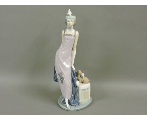 A Lladro figure, of a flapper leaning on a chair with her dog, 34cm
