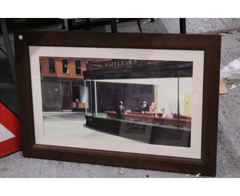 A LARGE FRAMED 1990'S PRINT, 'NIGHT HAWKS AT PHILLIES DINER' ORIGINAL BY EDWARD HOPPER, 90CM X 59CM