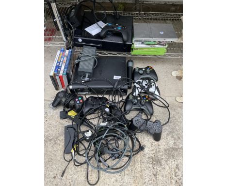 AN ASSORTMENT OF VARIOUS GAMES CONSOLE ITEMS TO INCLUDE AN XBOX, AN XBOX 360, CONTROLLERS AND GAMES ETC