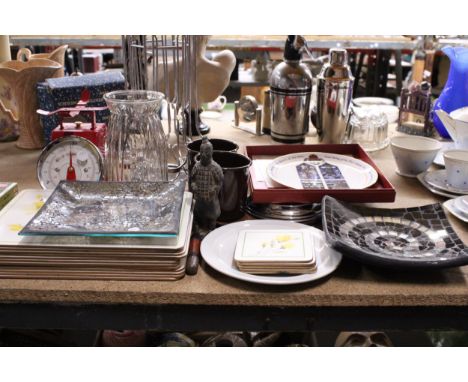 A MIXED LOT TO INCLUDE PLACEMATS AND COASTERS, TERRACOTTA WARRIOR FIGURE, SCALES, MOSIAC BOWLS, ETC.,