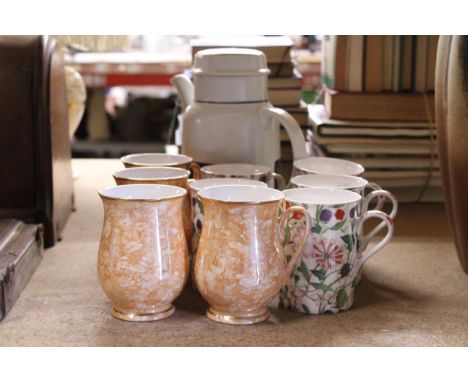 A VINTAGE ROYAL DOULTON TANGIER LAMBETH STONEWARE COFFEEPOT TOGETHER WITH A QUANTITY OF CHINA MUGS