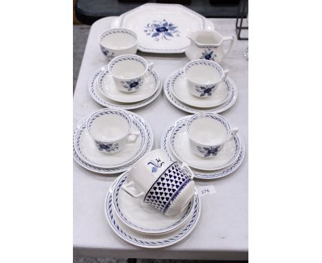AN ADAMS VINTAGE IRONSTONE BALTIC BLUE ROSE PATTERN TEASET