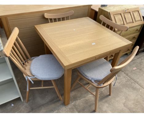 AN OAK DRAW LEAF DINING TABLE, 35.5" SQUARE (LEAVES 14" EACH) AND FOUR STICK BACK CHAIRS