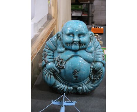 A LARGE BLUE CERAMIC SITTING BUDDAH, HEIGHT APPROX 36CM