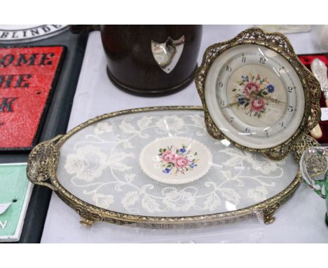 A VINTAGE PETIT POINT MANTLE DRESSING TABLE CLOCK AND TRAY