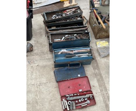 TWO METAL TOOL BOXES AND AN ASSORTMENT OF TOOLS TO INCLUDE SOCKETS, PLIERS AND HAMMER HEADS ETC