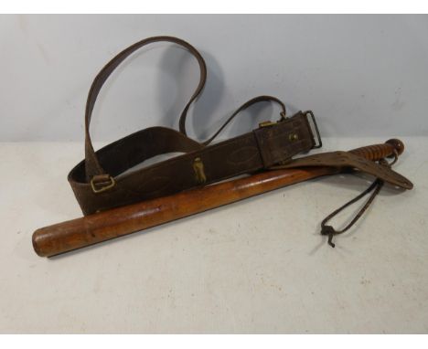 A BRITISH LEATHER SAM BROWNE, WOODEN TRUNCHEON, LENGTH 56CM