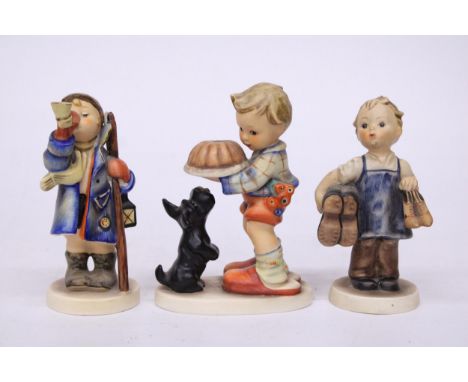 THREE GOEBEL FIGURES TO INCLUDE "HERE YE HERE YE"  NO. 15/0 AND "BOOTS" NO. 143/0 AND "BEGGING HIS SHARE" NO. 9
