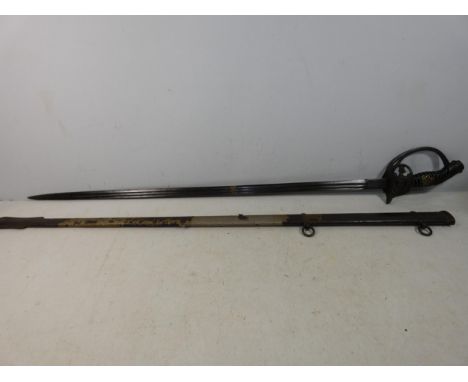 A LATE 19TH CENTURY PRUSSIAN OFFICERS SWORD AND SCABBARD, 76CM BLADE (A/F), LENGTH 101CM