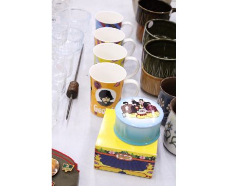 FOUR YELLOW SUBMARINE CHARACTER MUGS AND TRINKET POT DEPICTING THE BEATLES