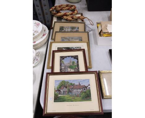 SIX FRAMED MACCLESFIELD SILKS PLUS A PAIR OF CURTAIN TIE BACKS