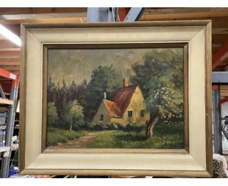 A VINTAGE FRAMED OIL ON CANVAS OF A COTTAGE IN THE WOODS, SIGNED