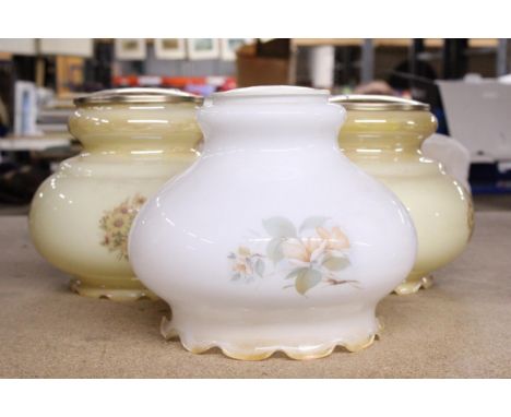 THREE VINTAGE MILK/OPAQUE FLORAL GLASS LAMP SHADES