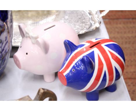 TWO LARGE CERAMIC PIGGY BANKS, ONE WITH UNION JACK DESIGN