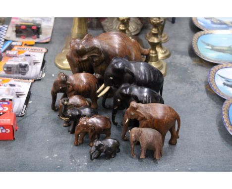 TEN HARDWOOD VINTAGE ELEPHANTS