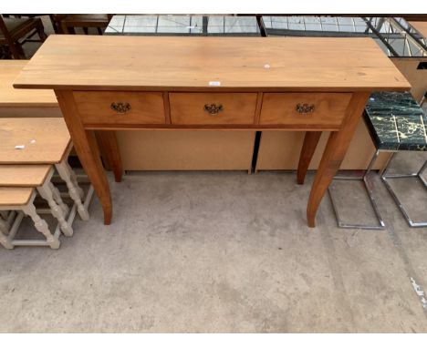 A HARDWOOD CONSOLE TABLE ENCLOSING THREE DRAWERS, 55" WIDE