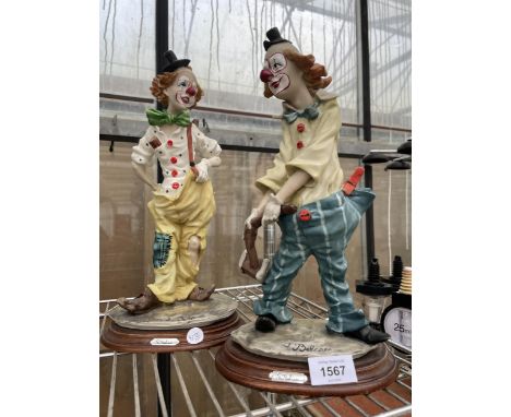 TWO VINTAGE ITALIAN HAND PAINTED CERAMIC CLOWN FIGURES ON WOODEN BASES SIGNED A BELCARI