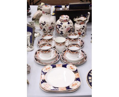 A VINTAGE STANLEY CHINA TEASET TO INCLUDE CAKE PLATES, CUPS, SAUCERS, SIDE PLATES AND A CREAM JUG PLUS A MASON'S 'MANDALAY' V