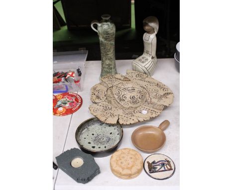 A VINTAGE TEKT USSR CERAMIC FIGURE TOGETHER WITH A STUDIO POTTERY JUG, COASTERS, ETC.,