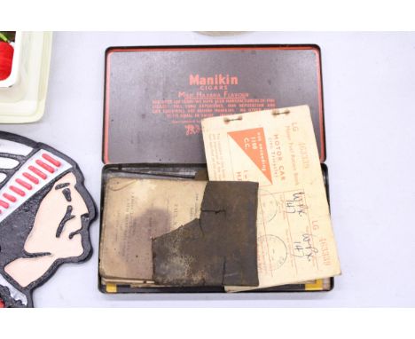 A VINTAGE ENAMELLED CHRYSLER RADIATOR BADGE TOGETHER WITH OTHER CAR MEMORABILIA