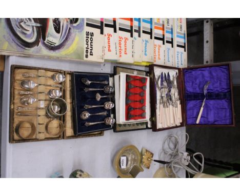 FIVE BOXES OF VINTAGE FLATWARE TO INCLUDE APOSTLE SPOONS, PLUS THREE NAPKIN RINGS
