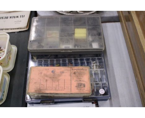FOUR BOXES OF VINTAGE CAPACITORS, RESISTORS, ETC