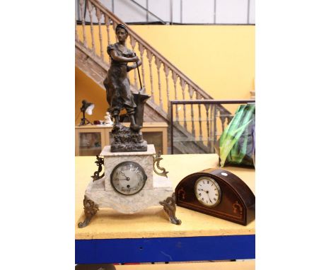 A POSSIBLY FRENCH MARBLE MANTLE WITH A SPELTER FIGURE OF A BLACKSMITH ON TOP WITH KEY HEIGHT 58CM PLUS AN INLAID MAHOGANY MAN