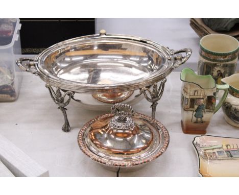 A SILVER PLATE DOME TOP SERVER TOGETHER WITH A SERVING DISH WITH COVER