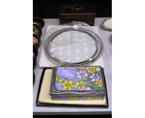 A VINTAGE MAHOGANY BOX WITH STRINGED INLAY, LOCK AND BRASS HANDLE, LARGE CIRCULAR GLASS AND SILVER PLATED TRAY, ETC