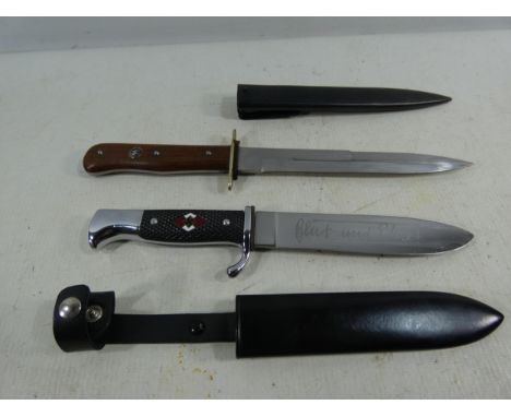 A REENACTOR'S NAZI GERMANY SS KNIFE AND SCABBARD, 17CM BLADE, LENGTH 30CM, HITLER YOUTH DAGGER AND SCABBARD (2)