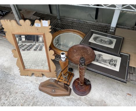 AN ASSORTMENT OF ITEMS TO INCLUDE AN ART DECO TABLE LAMP, A MIRROR AND TWO FRAMED PRINTS ETC