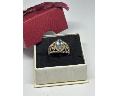 A LADIES SILVER AND BLUE TOPAZ DRESS RING IN A PRESENTATION BOX