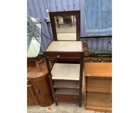 A 19TH CENTURY MAHOGANY GENTLEMANS DRESSING STAND WITH RISING MIRROR, MARBLE TOP AND SHELF, AND TWO FURTHER SHELVES WITH CUPB