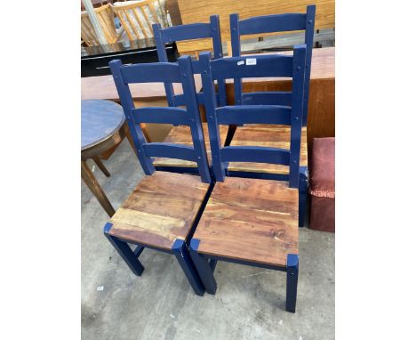 A SET OF FOUR HARDWOOD BLUE PAINTED LADDER BACK DINING CHAIRS