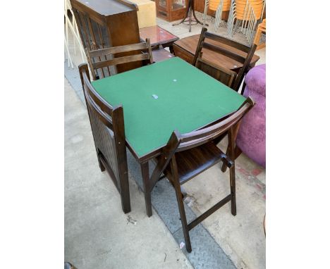 A FOLDING CARD TABLE AND FOUR FOLDING CHAIRS