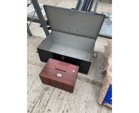 A STEEL LOCKABLE VINTAGE STORAGE BOX WITH CARRY HANDLES AND A FURTHER WOODEN COLLECTION BOX